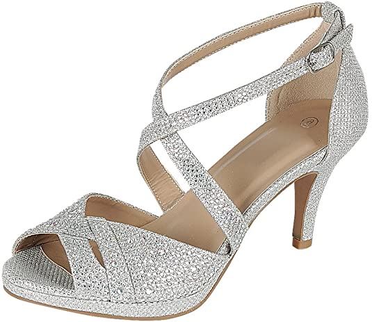 Toe Crisscross Ankle Strappy Glitter Crystal Rhinestone Mid Heel Sandal
