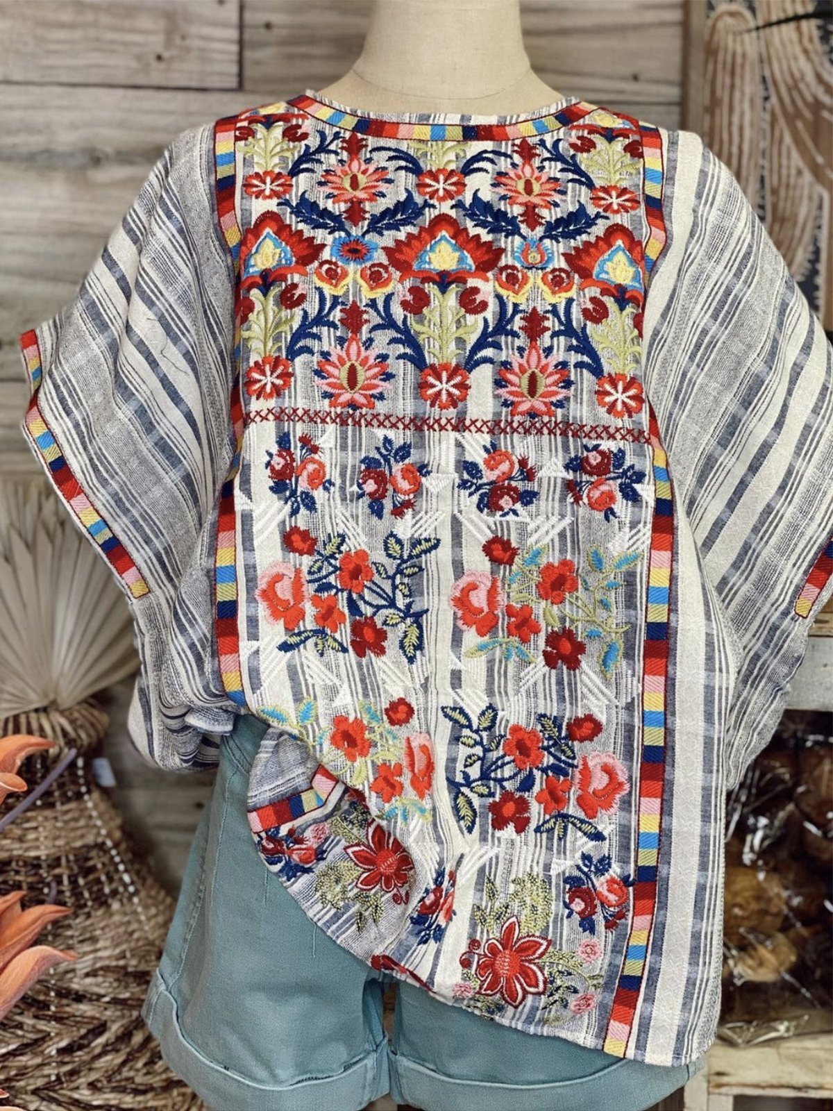 Boho Shift Pastoral Batwing Crew Neck Shirts & Tops