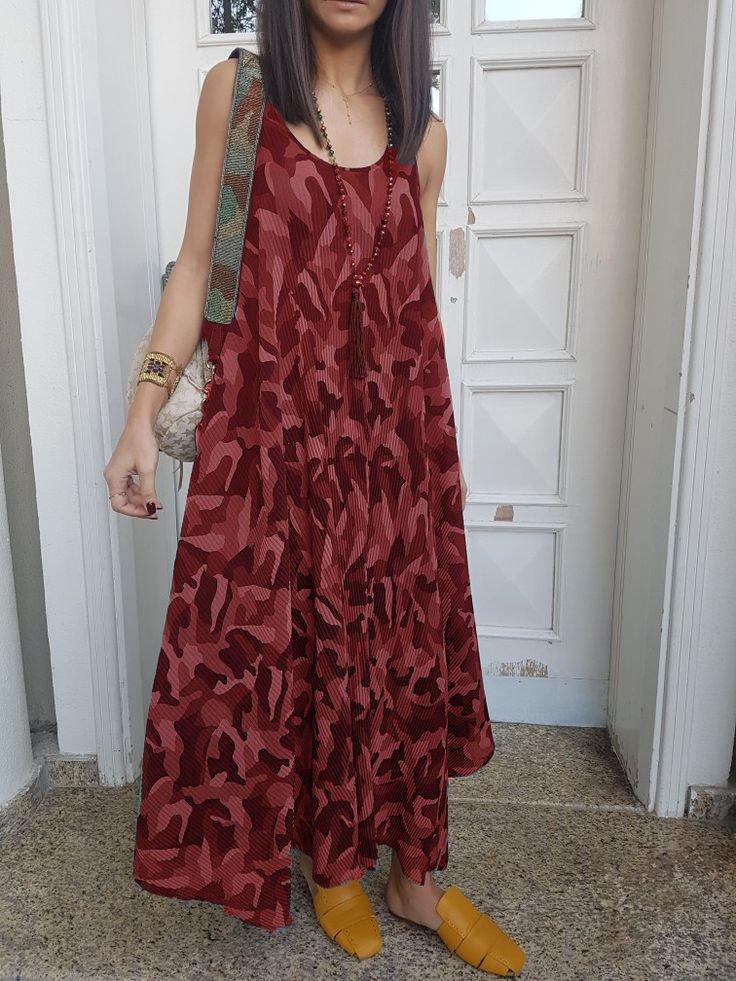 Cotton-Blend Casual Sleeveless Crew Neck Dresses