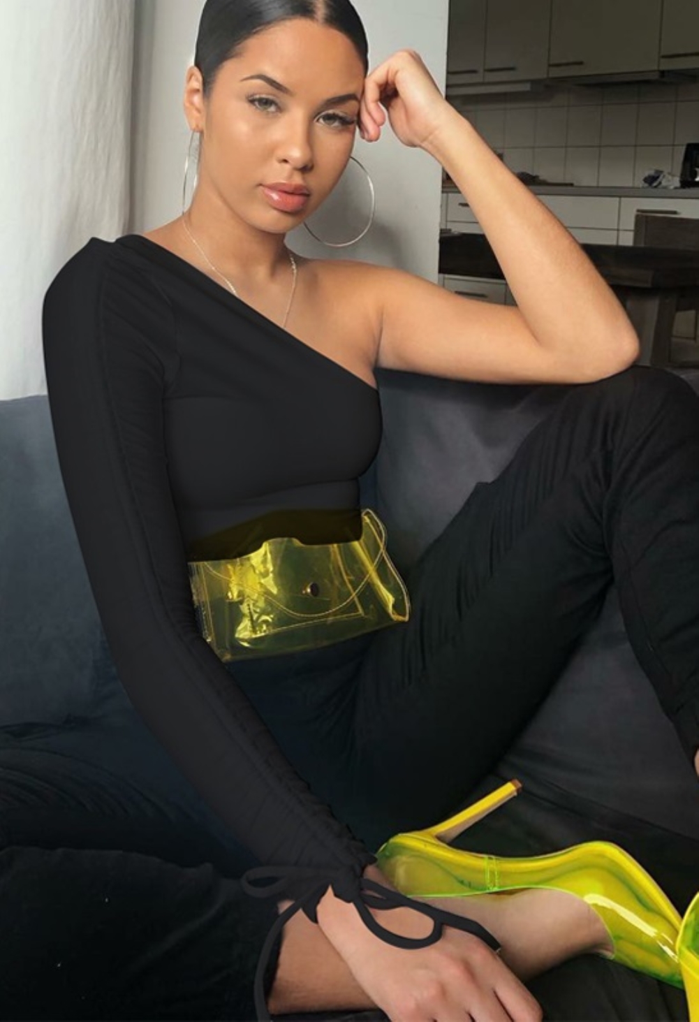 Solid Color One Shulder Sexy Top with Sleeves