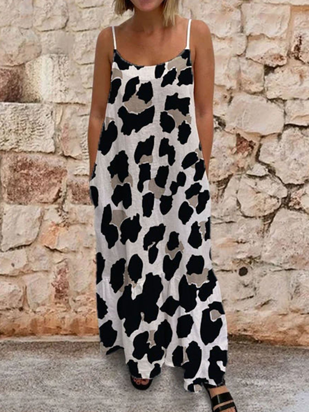 Leopard Casual Spaghetti-Strap Crew Neck Dresses