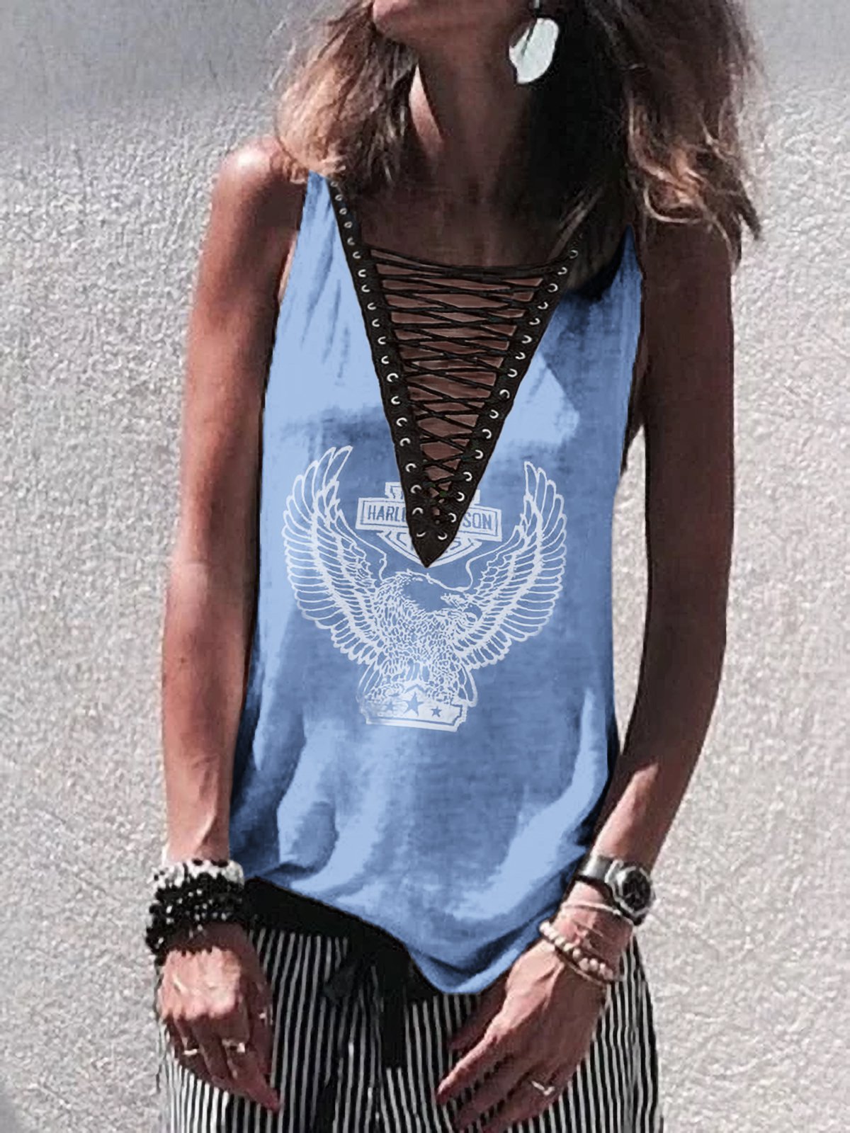 Cotton Sleeveless V Neck Abstract Shirts & Tops