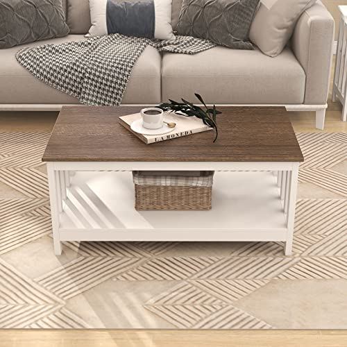 ChooChoo White Coffee Table, Farmhouse Living Room Table with Shelf / 40 Inch