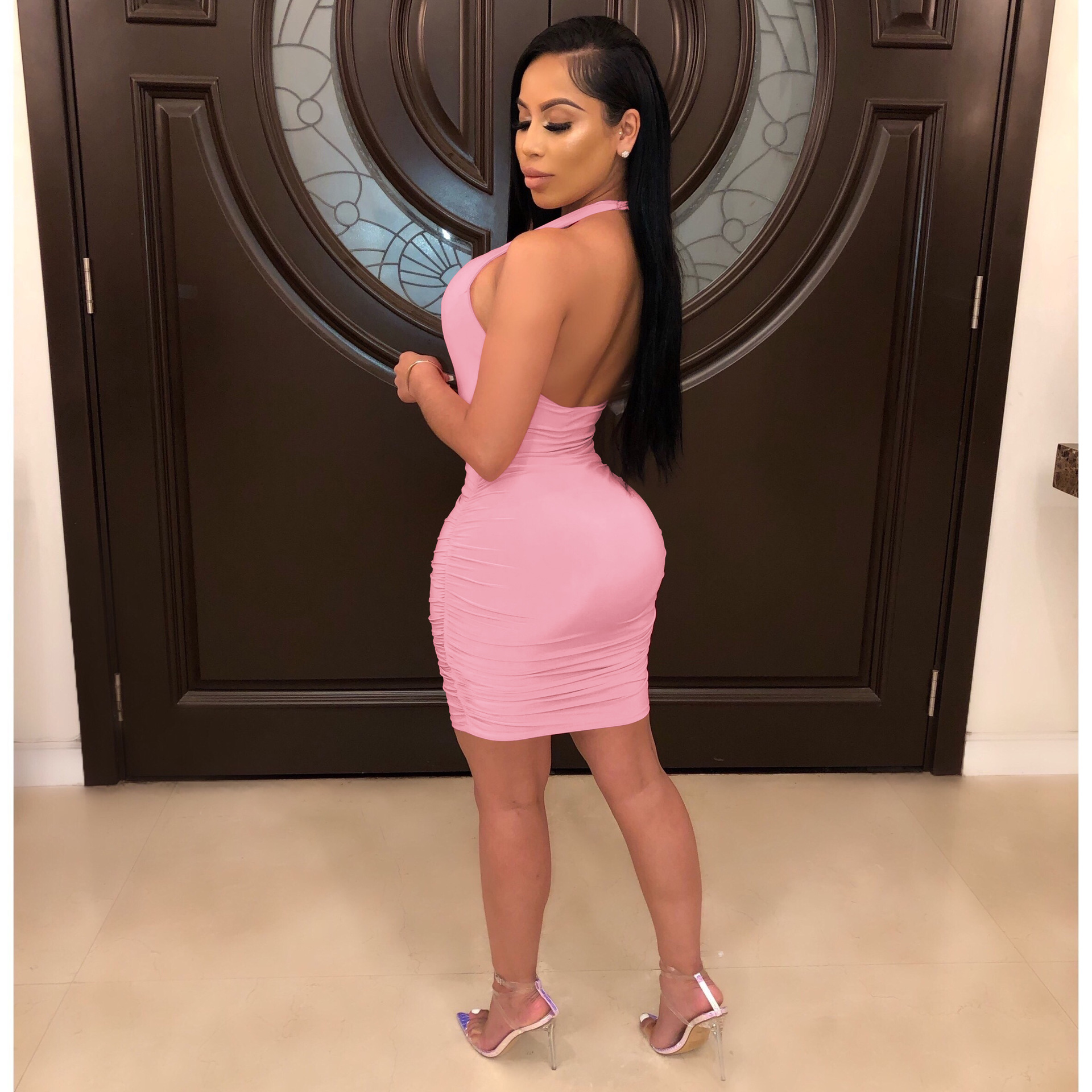 Halter backless pure color pleated simple bandage dress WMZ2415