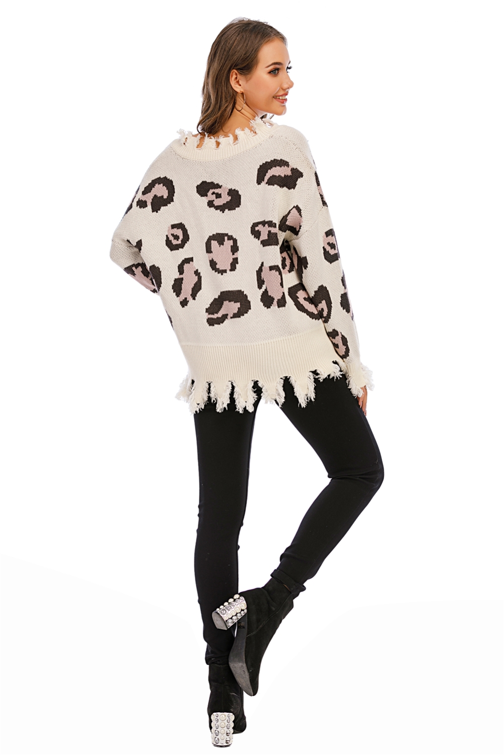 Leopard Print V-Neck Tassels Sweater