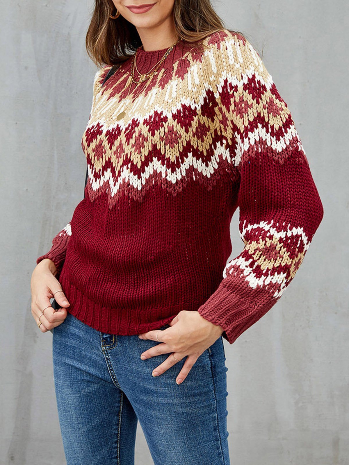 Burgundy Casual Tribal Knitted Acrylic Sweaters