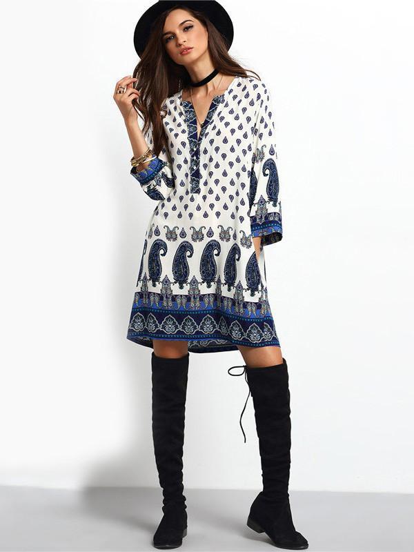 Beautiful Bohemia Long Sleeve V Neck Mini Dress