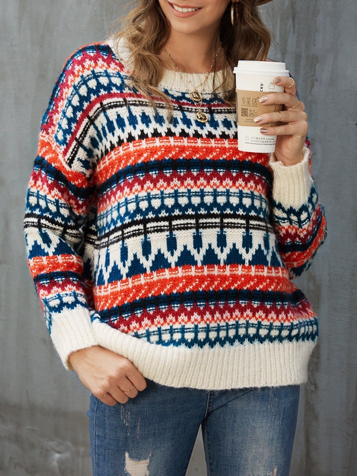 White Casual Tribal Sweater