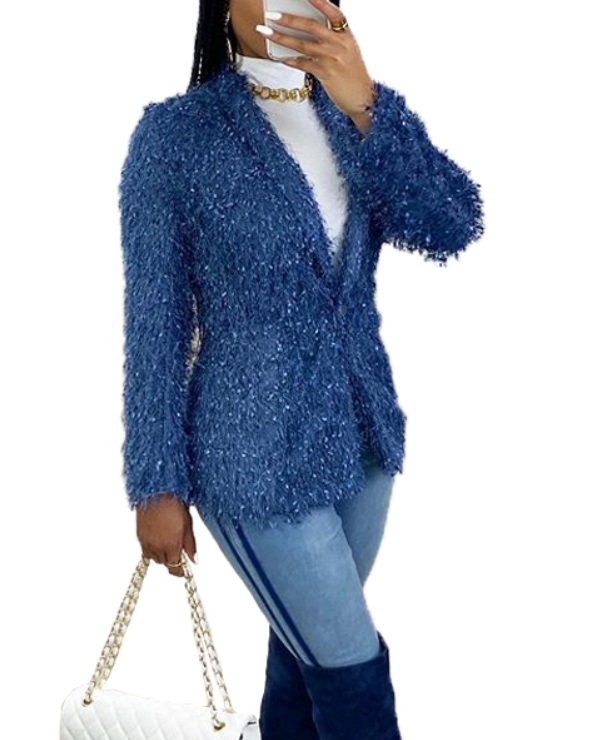 Blue Long Sleeve Shiny Plush Coat