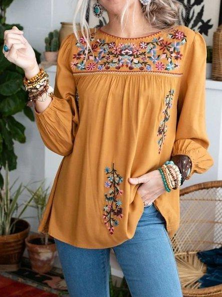 Cotton-Blend Long Sleeve Color-Block Crew Neck Shirts & Tops