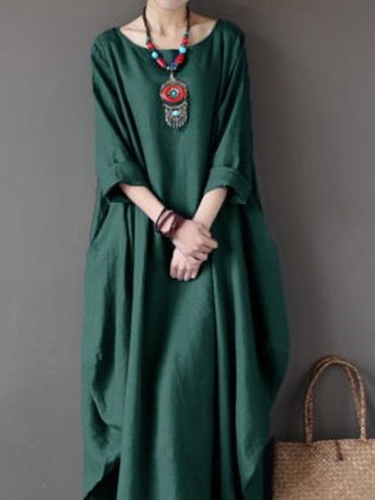 Red Swing Long Sleeve Crew Neck Cotton Dress