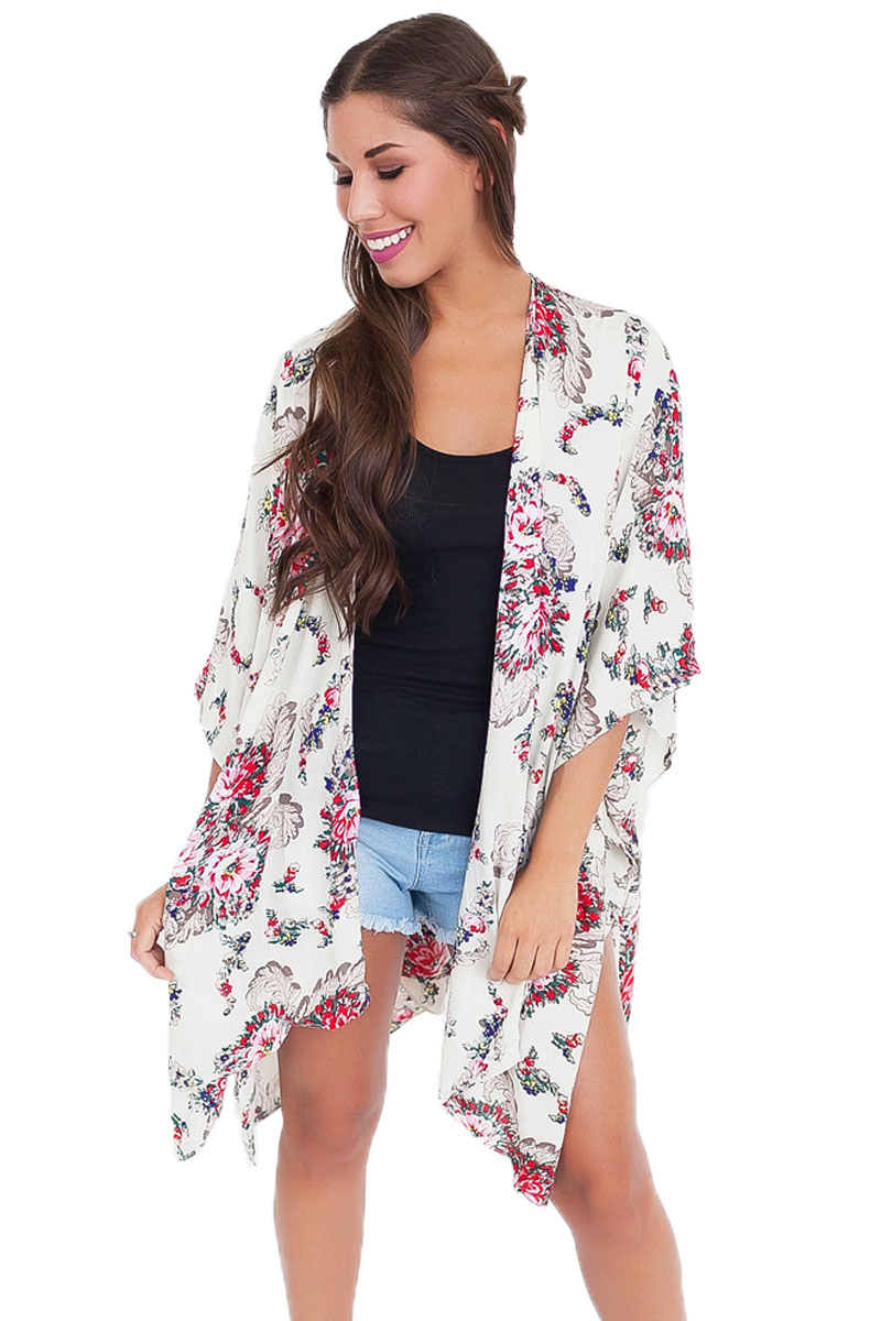 Flower Print Open Front Kimono in White