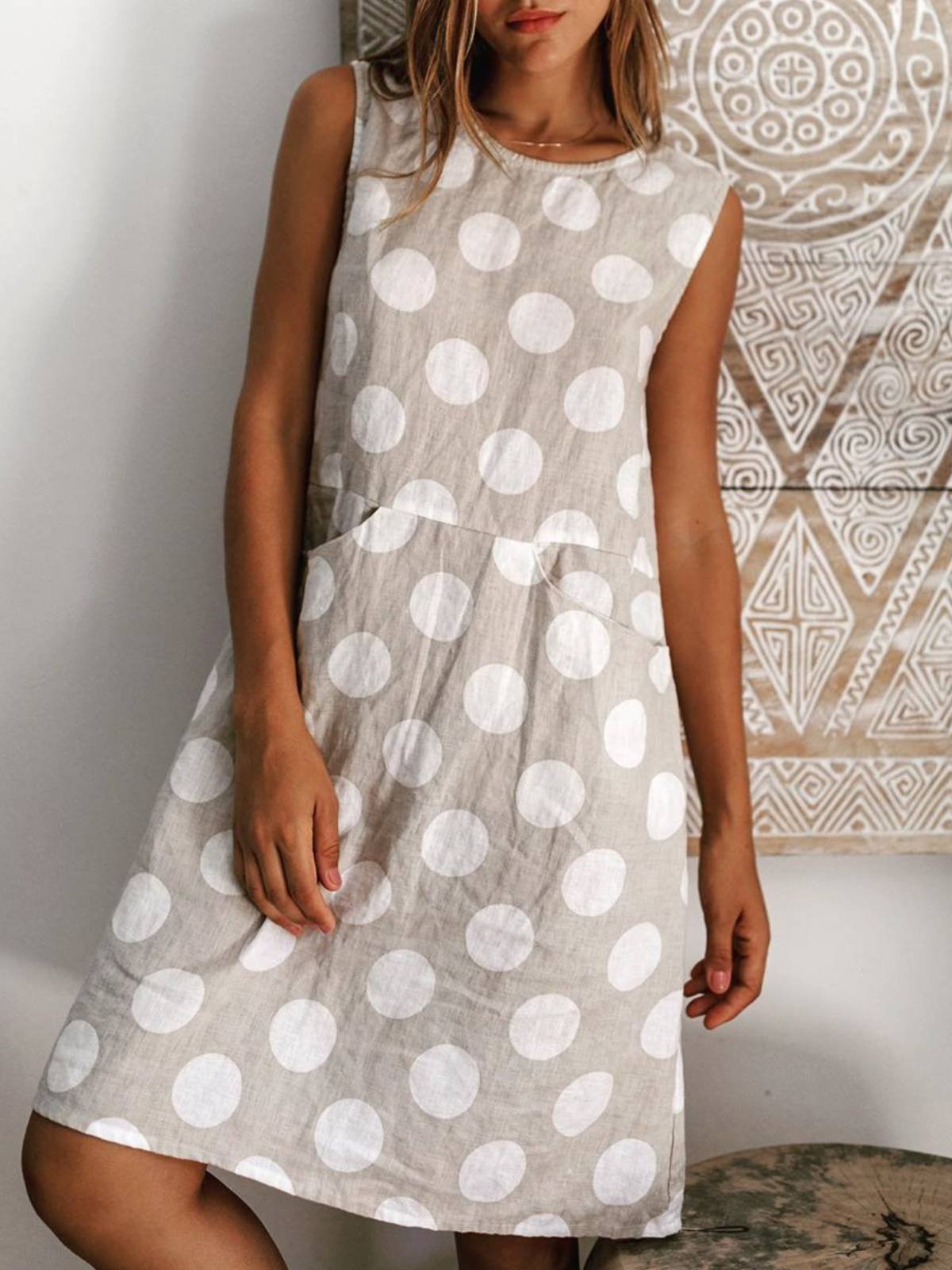 Apricot Sleeveless Cotton-Blend Crew Neck Dresses