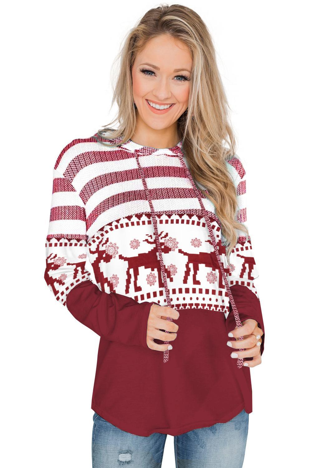 Stripes and Reindeer Print Pullover Hooded Sweatshirt