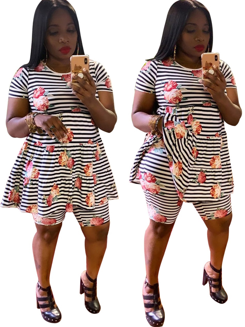 Plus Size Two Piece Stripes Short Set