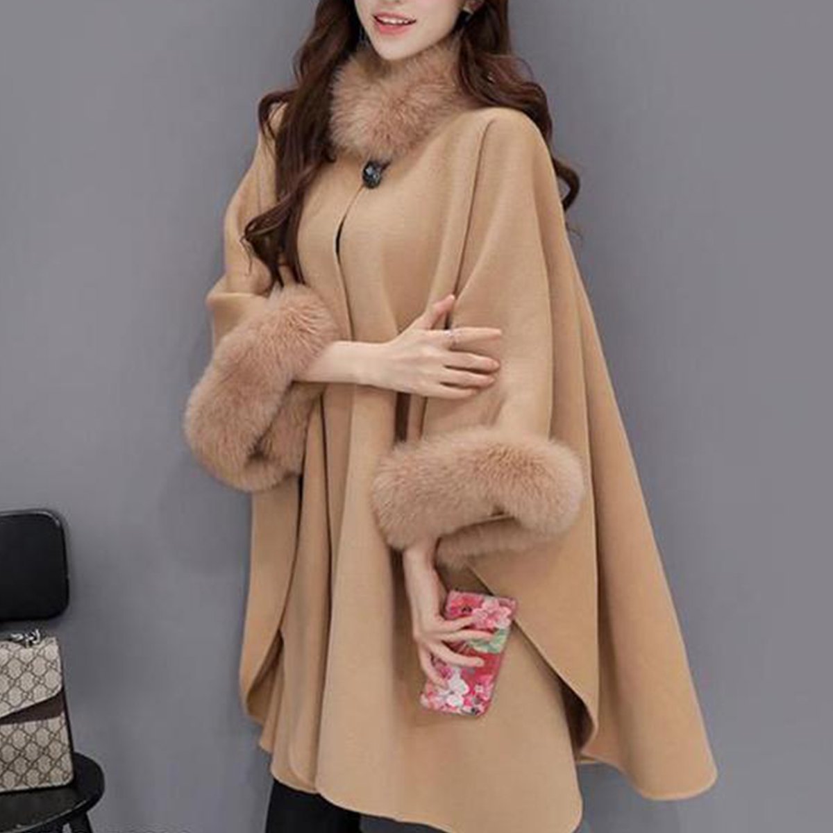 Hairy Collar Temperament Pure Color Shawl Coat