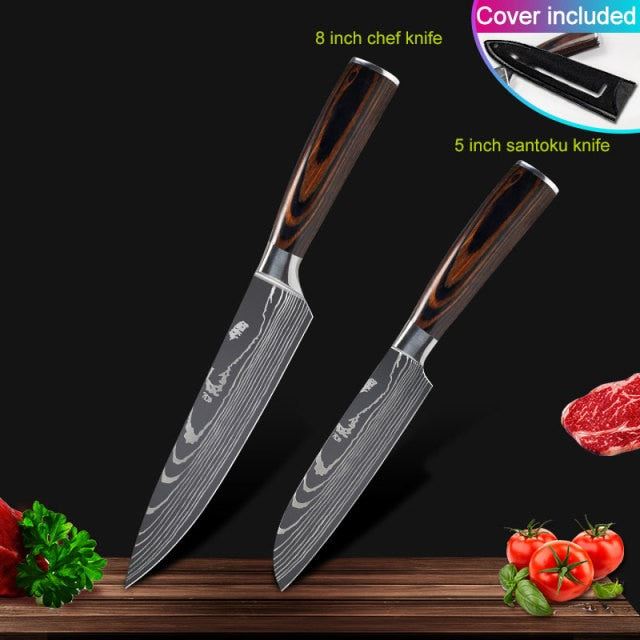 Kitchen knives Set Professional Chef Knives Stainless Steel Imitation Damascus Pattern Santoku Cleaver Slicing Utility Knives