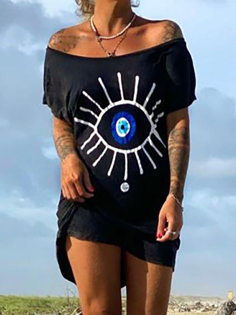 Abstract Short Sleeve Printed Cotton-Blend Dresses