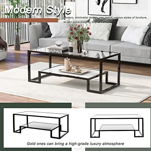 Glass Coffee Table Cocktail Tables, Metal with Stained White Tempered Glass / 2-Tier