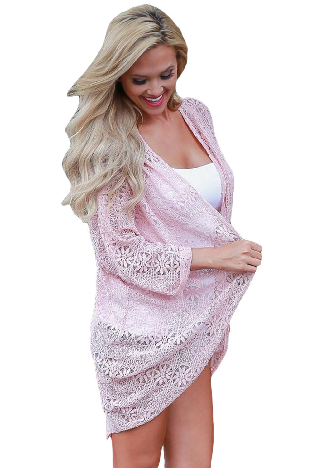 Sexy Sheer Pink Lace Kimono Beachwear