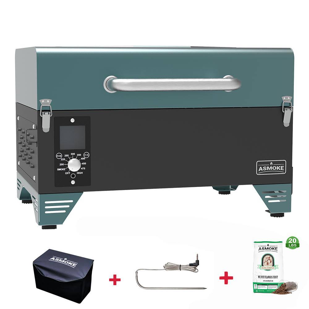 ASMOKE 265 Sq. in Portable 8 in 1 Pellet Grill with 20 lbs. Bag of Applewood Pellets in Pine Green