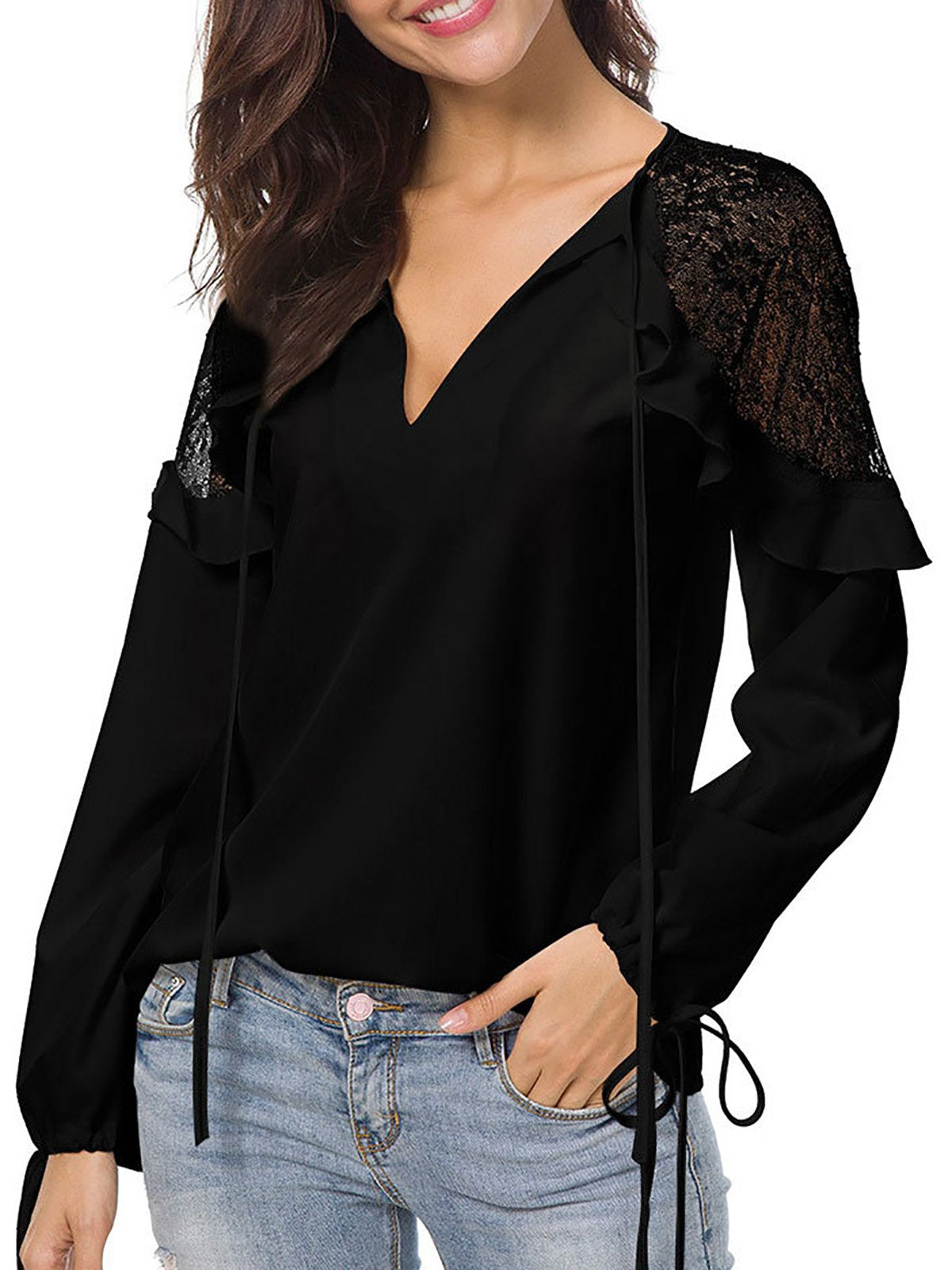 Deep V-Neck Lace Casual Solid Paneled Elegant Blouse