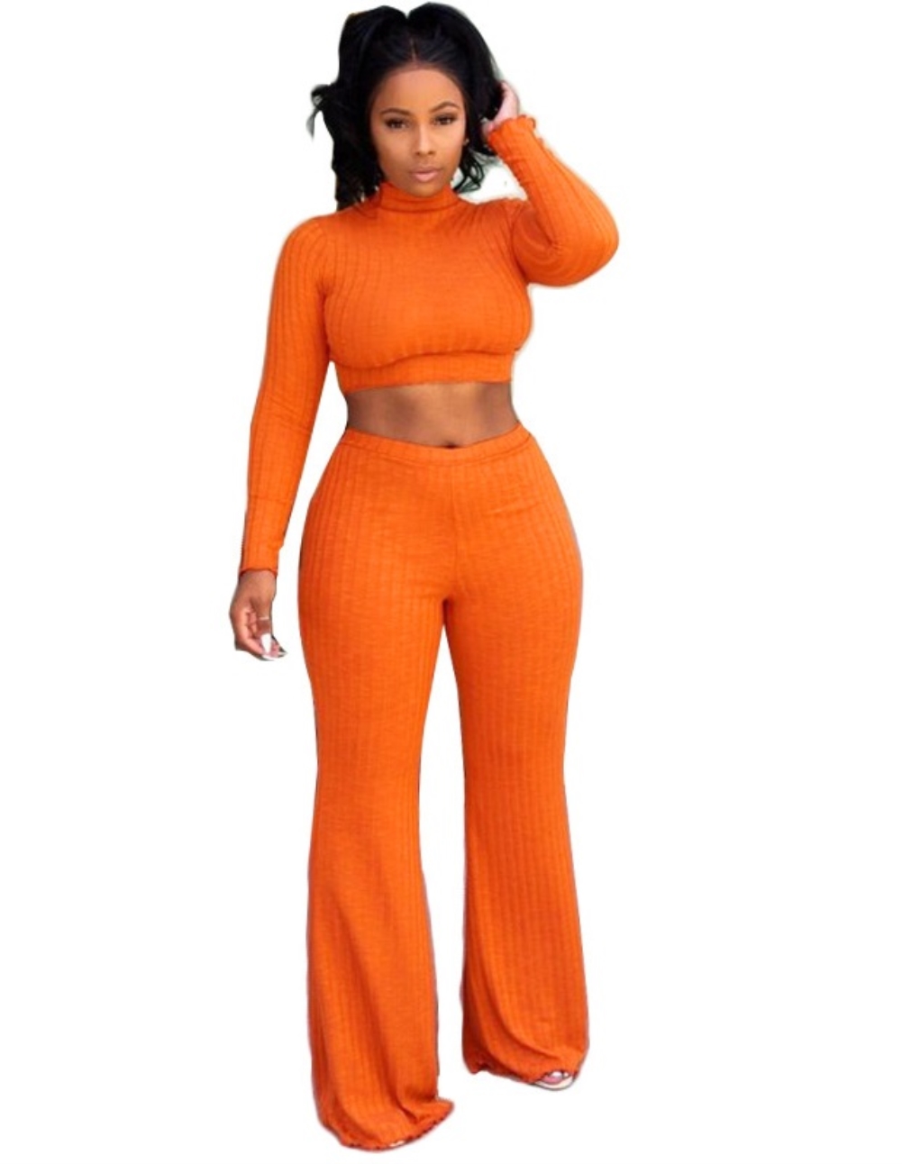 Matching 2PC Plain Knitted Crop Top and Pants Set