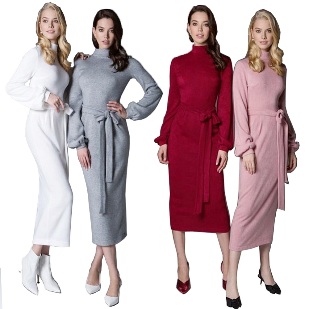 Falls Elegant Plain Midi Dress with Belt