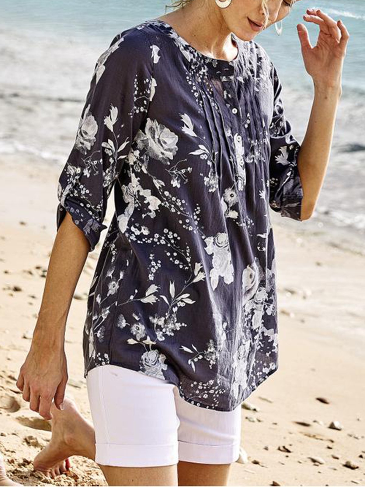 Floral-print Half Sleeve V Neck Blouse