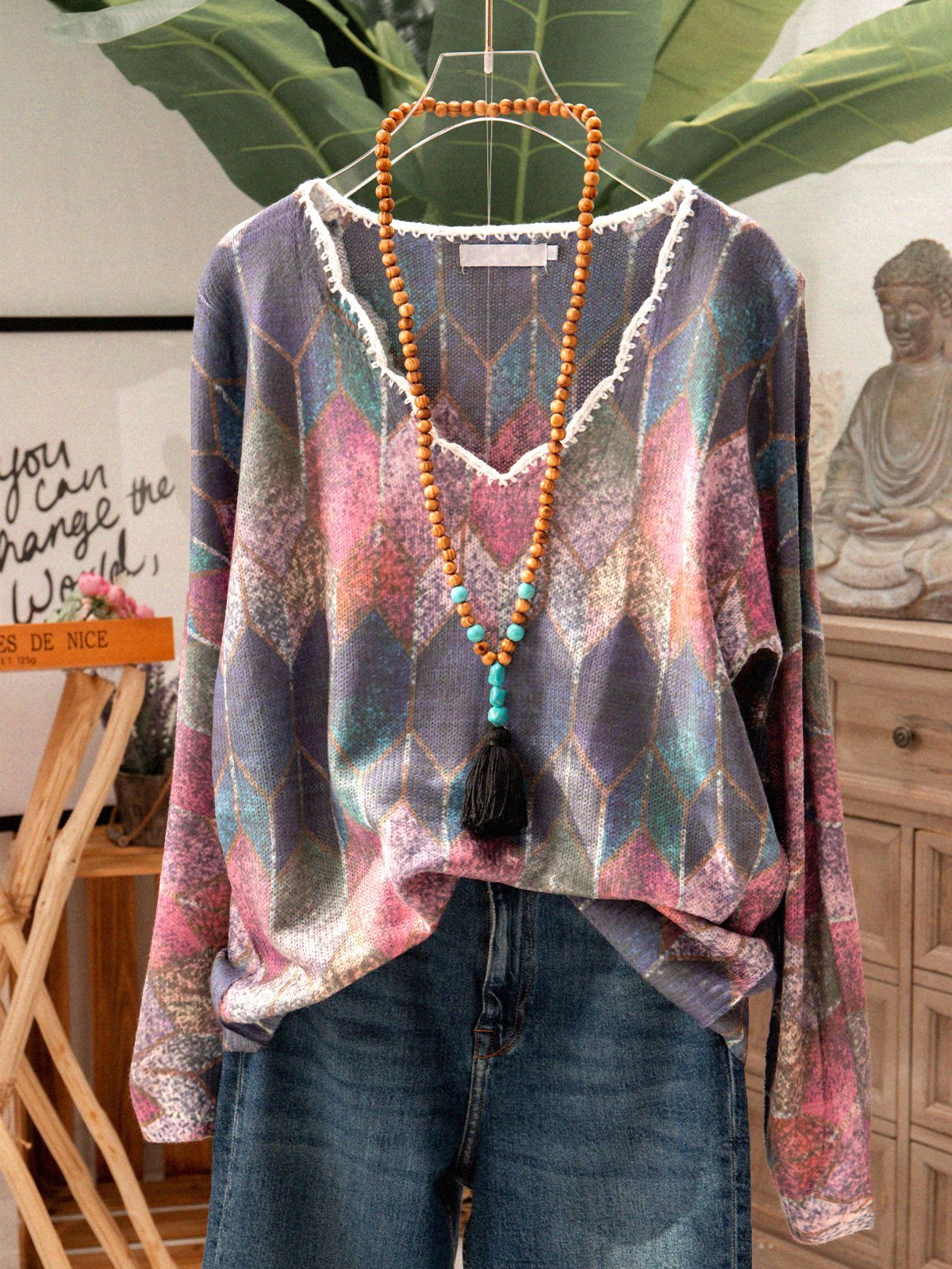 Simple & Basic Floral-Print Shift Long Sleeve Sweater