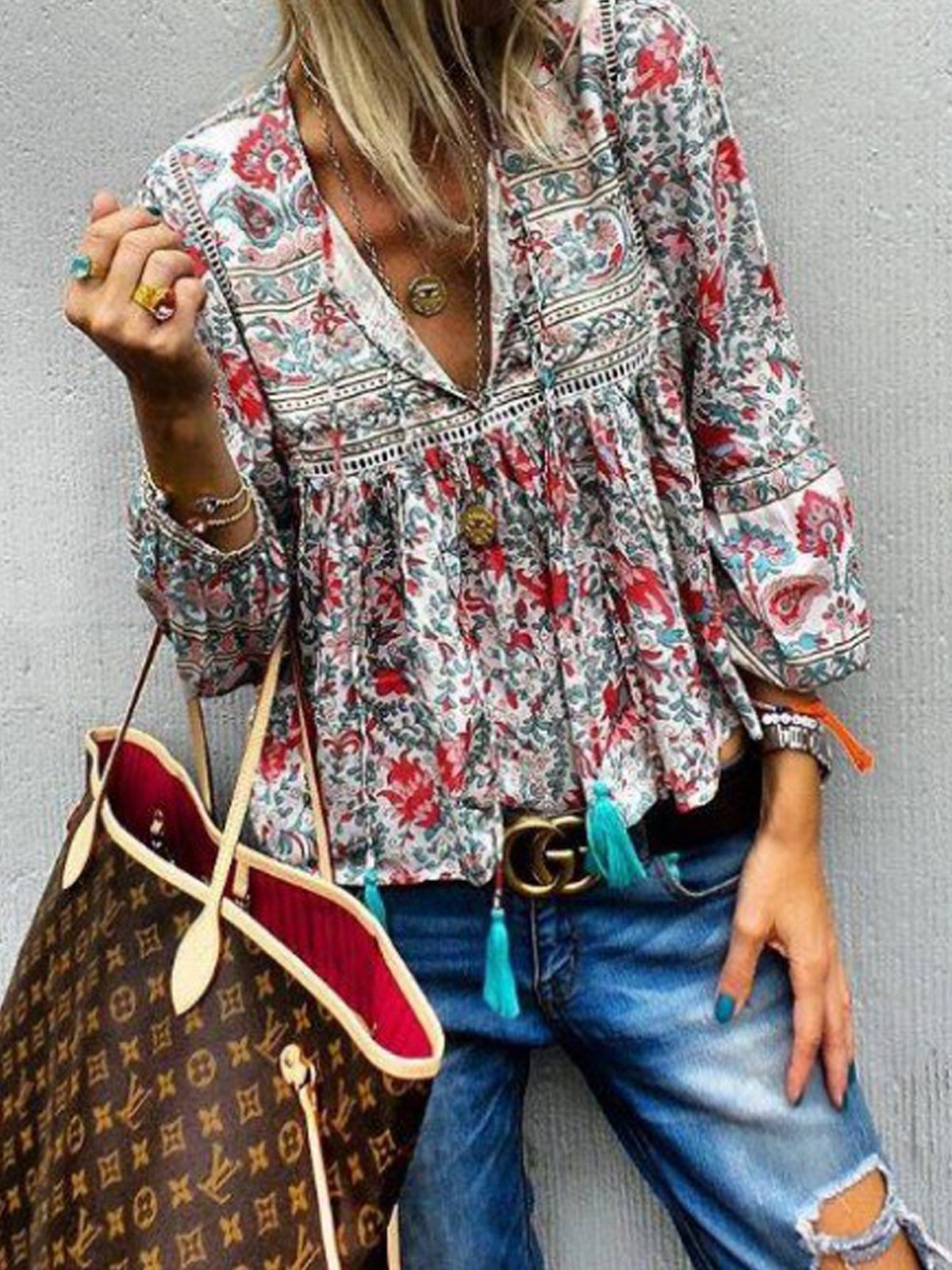 V Neck Floral Long Sleeve Casual Tops