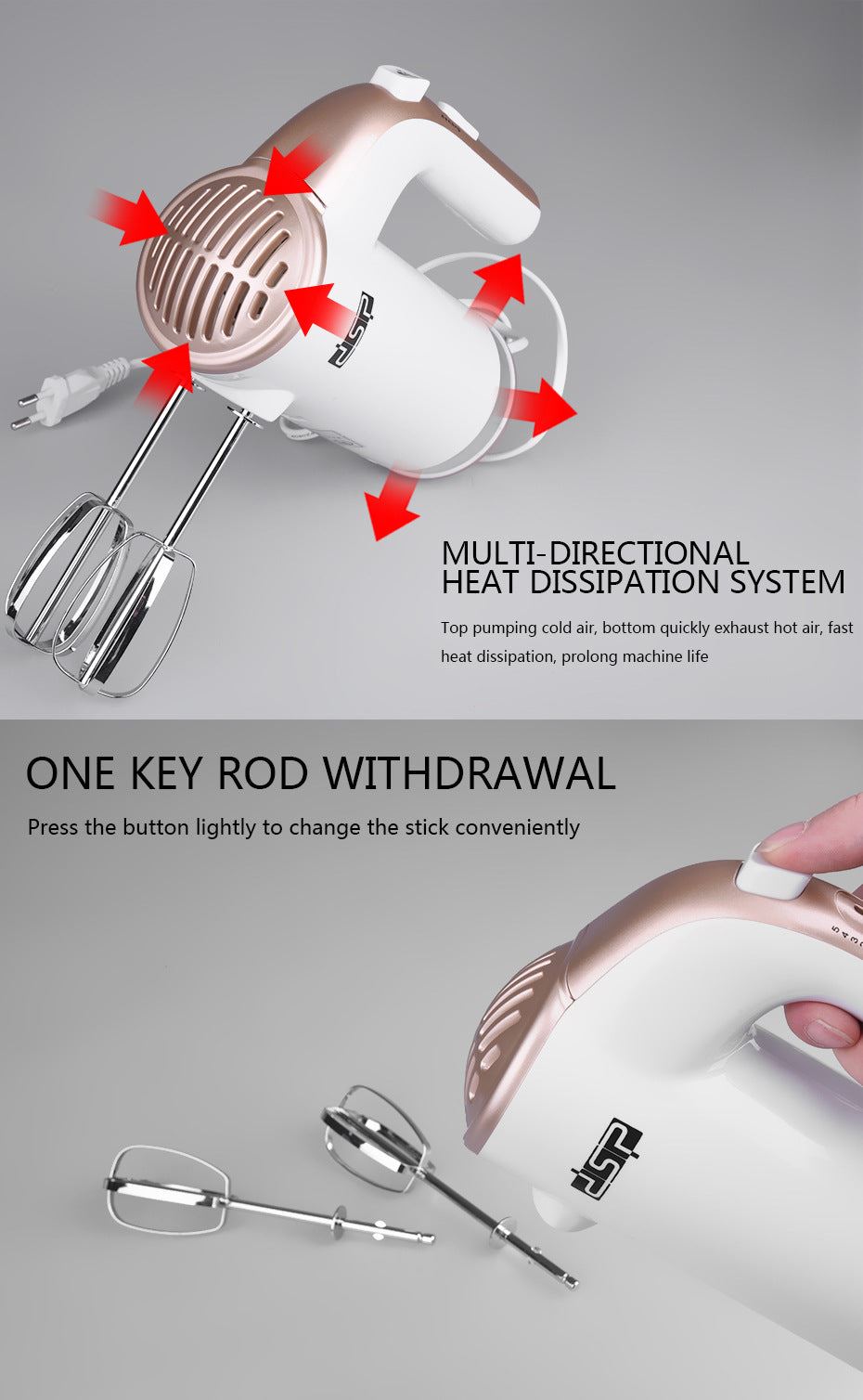 5-Speed Handheld Electric Mixer With Easy Eject Button, 2 Wired Beaters + 2 Dough Hooks Ultra Power 200W