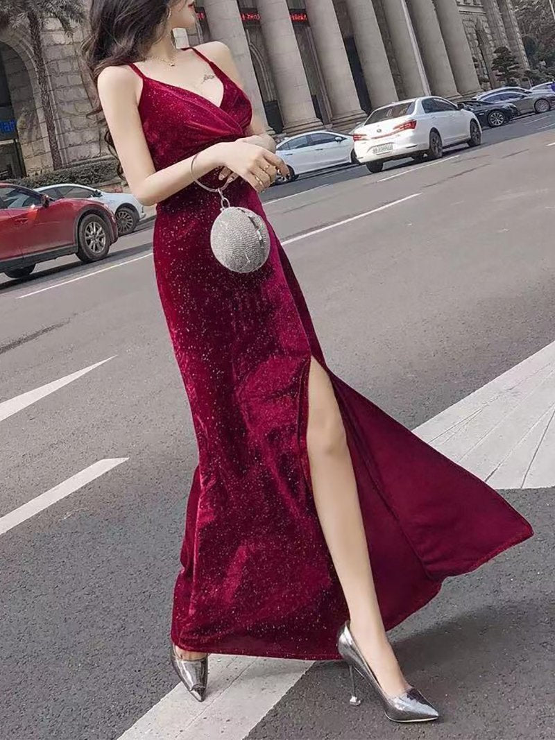 Sexy Deep V Slit Pure Colour Slim Evening Dress