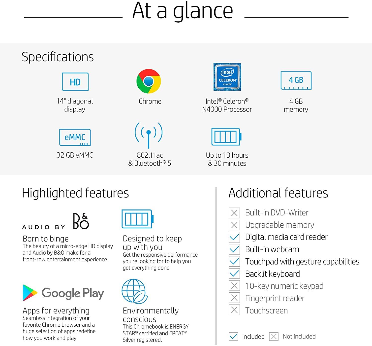 Celeron N4000, 4 GB RAM, 32 GB eMMC, Chrome (14a-na0010nr, Mineral Silver)