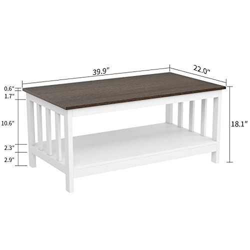 ChooChoo White Coffee Table, Farmhouse Living Room Table with Shelf / 40 Inch