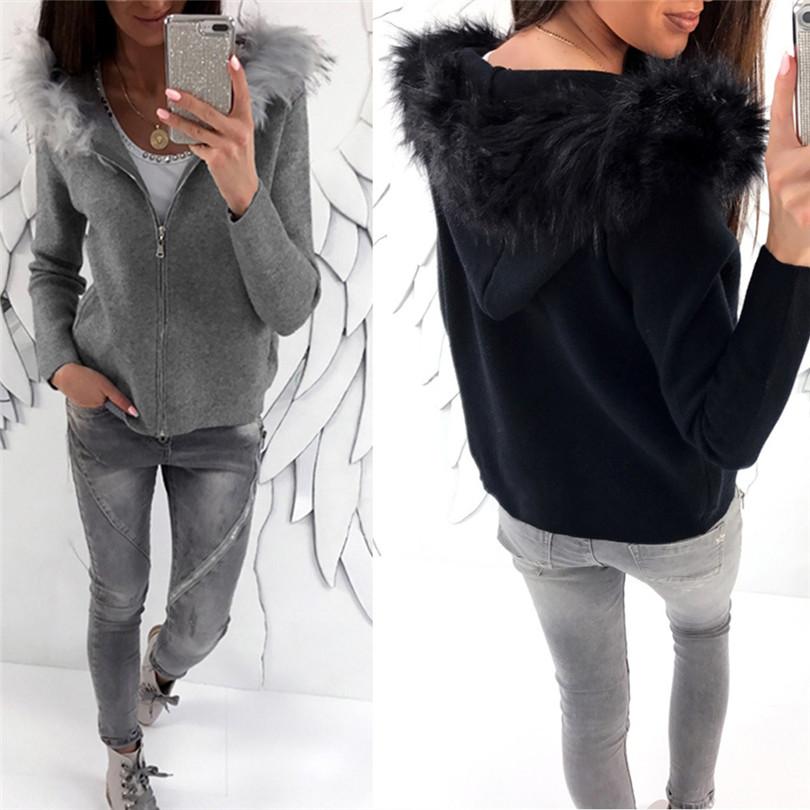 Solid Long Sleeve Faux Fur Hoodie Pockets Casual Coats