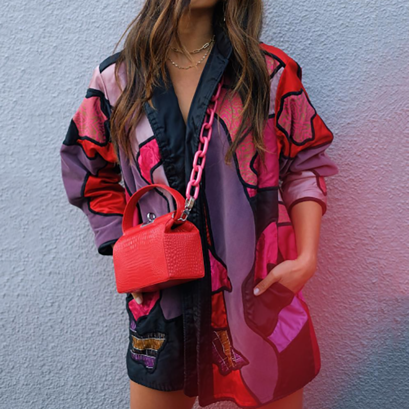 Women's Fashion Printed Color Turndown Collar Loose Overcoat