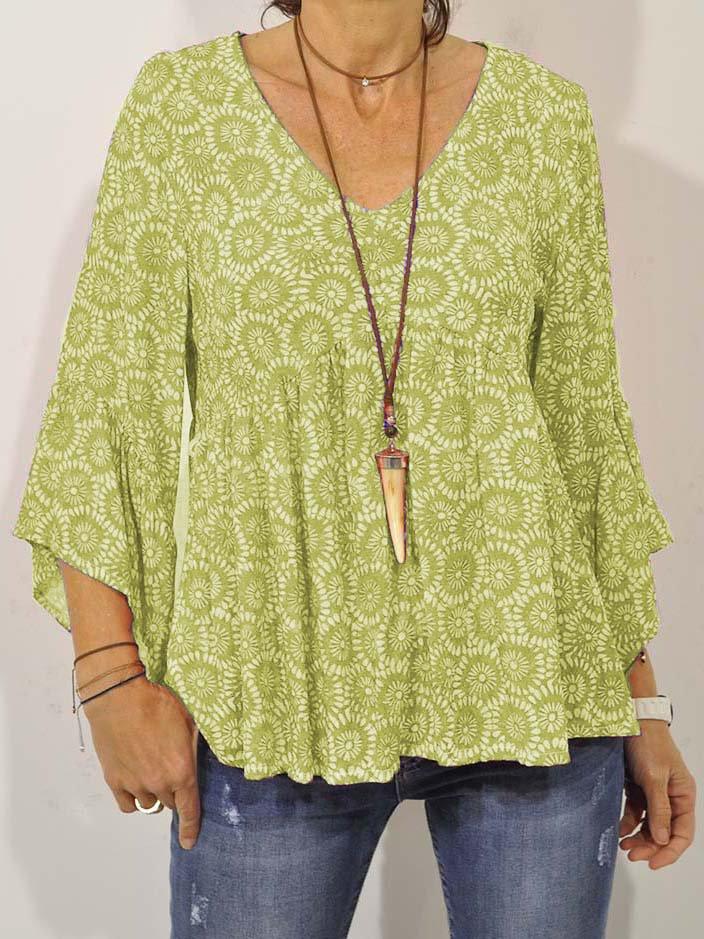 Plus Size V Neck Casual 3/4 Sleeve Printed Tops