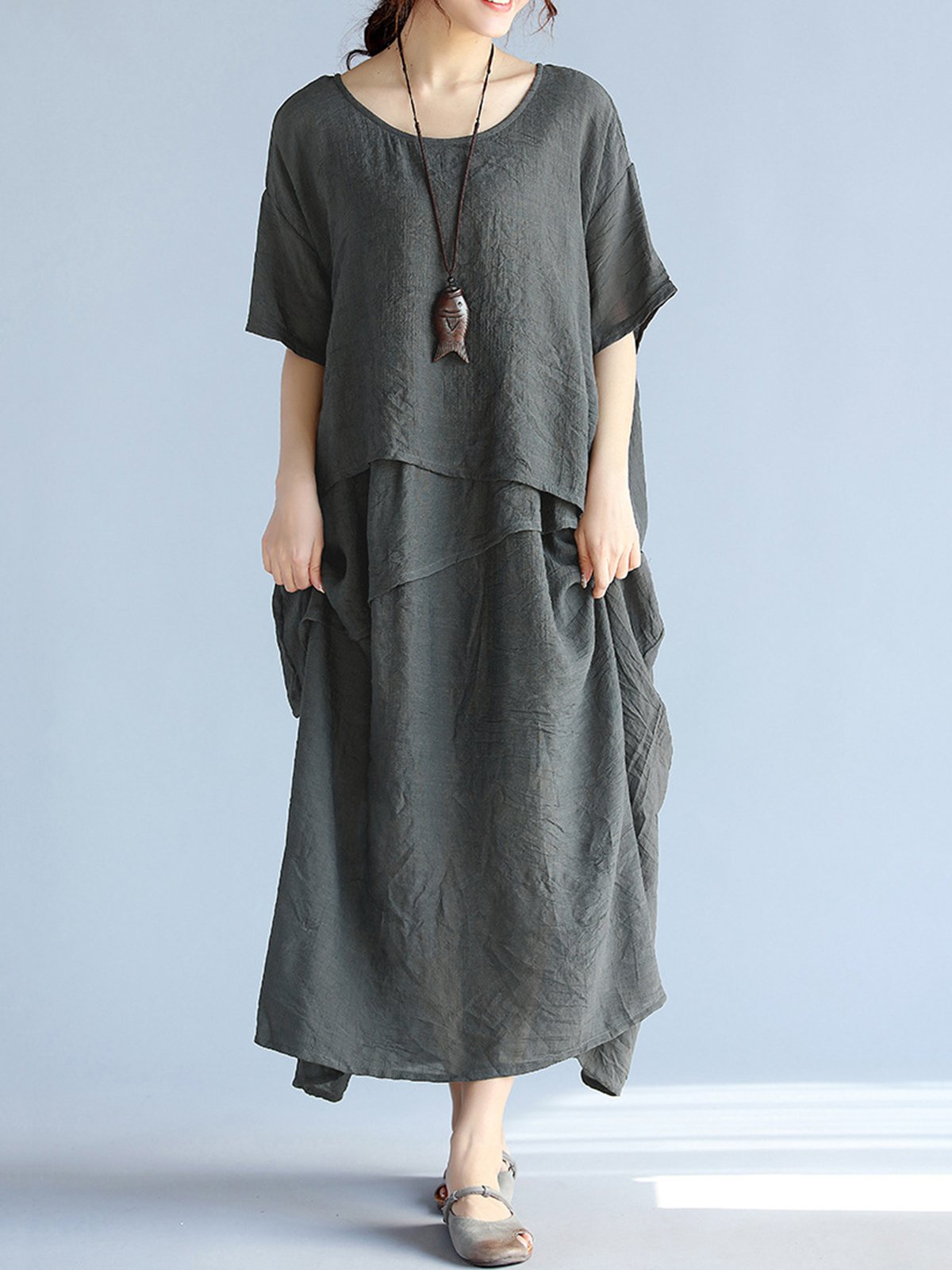 Casual Crew Neck Half Sleeve H-line Solid Maxi Linen Dress