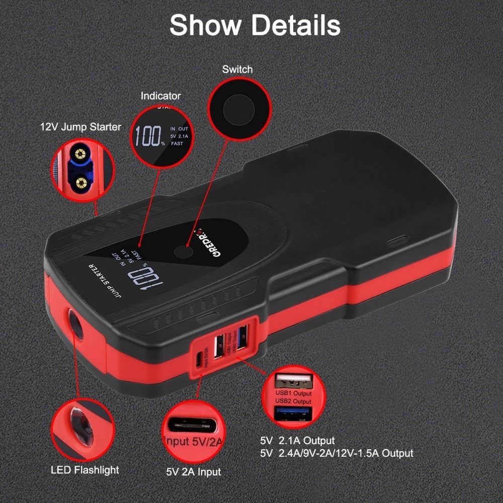 Car Starter Auto Power Bank Jump Starter 1000A Car Buster 12V Vehicle Emergency Battery Auto Booster Battery Powerful LED Light