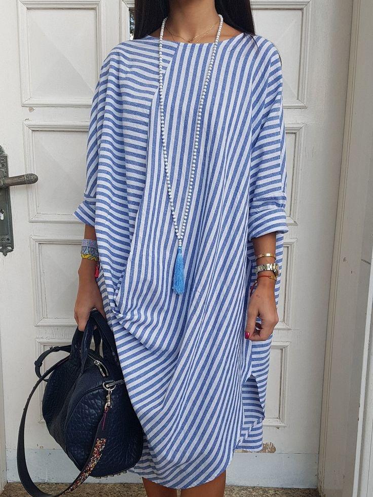 Round Neck Cotton-Blend 3/4 Sleeve Dresses