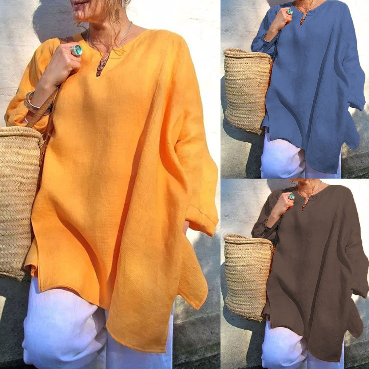 Womens Solid Casual V-Neck Long Sleeve Tops