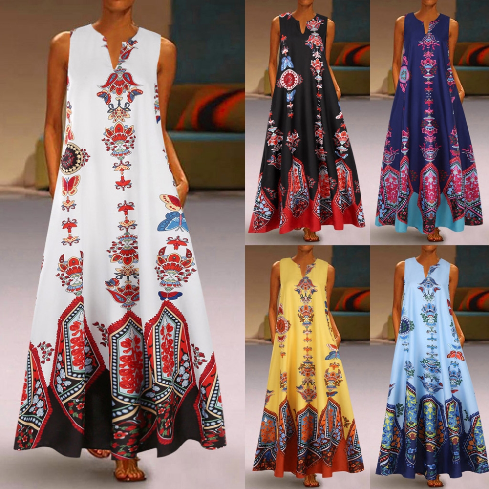 Retro Print Sleeveless Long Boho Dress