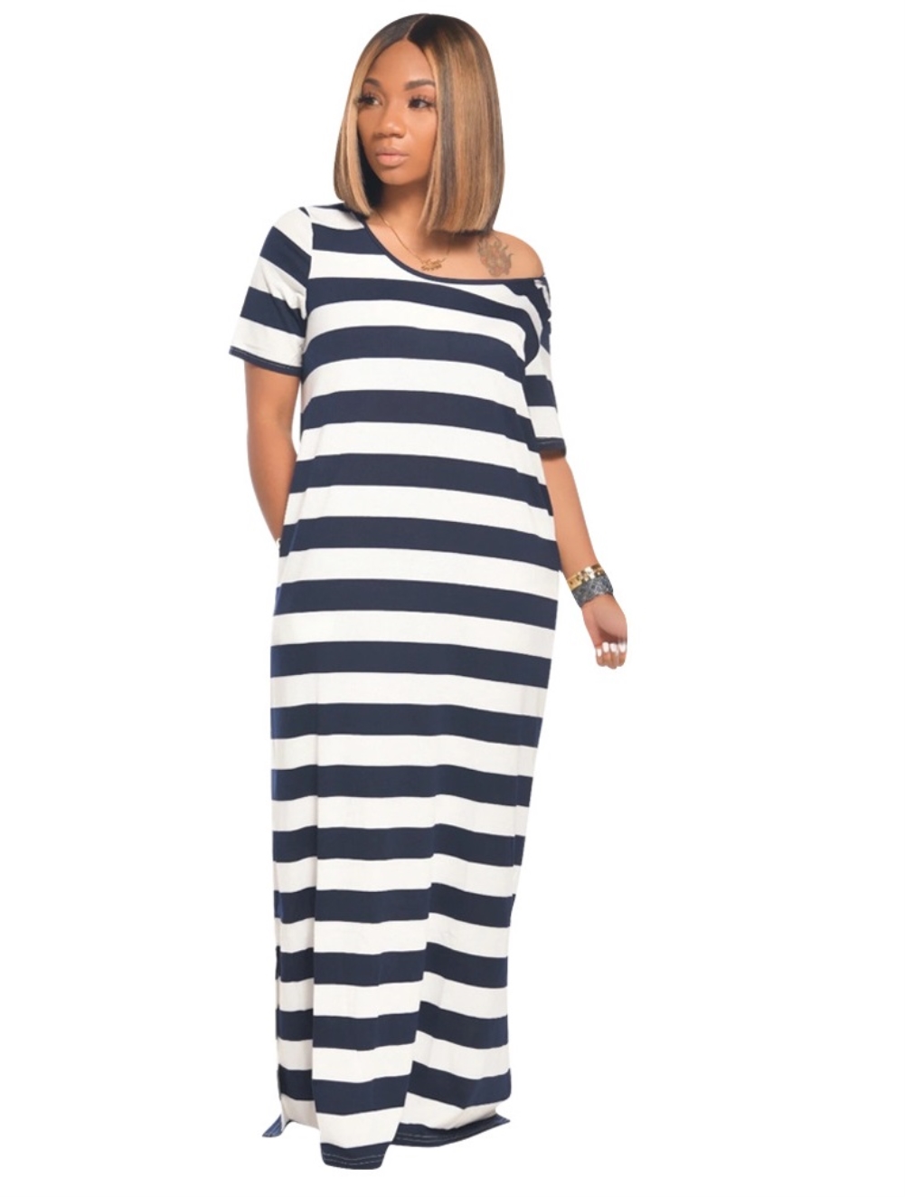 Summer Wide Stripes Hoody Long Dress