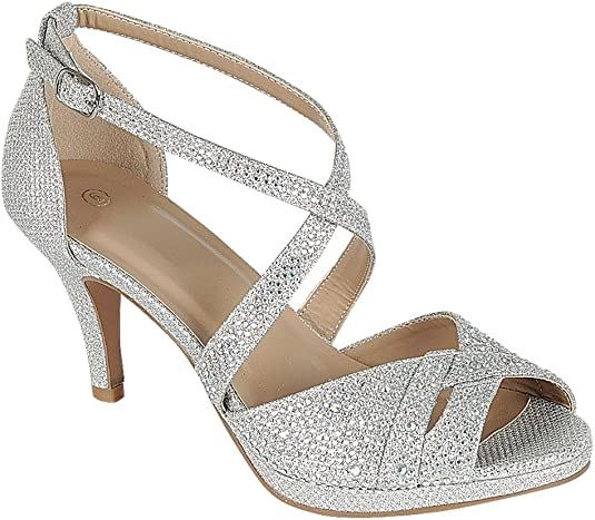 Toe Crisscross Ankle Strappy Glitter Crystal Rhinestone Mid Heel Sandal