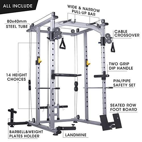 Mikolo Multi-Function Power Cage, 1400 lbs Commercial Weight Cage with Cable Crossover Machine, J-Hooks, Landmine