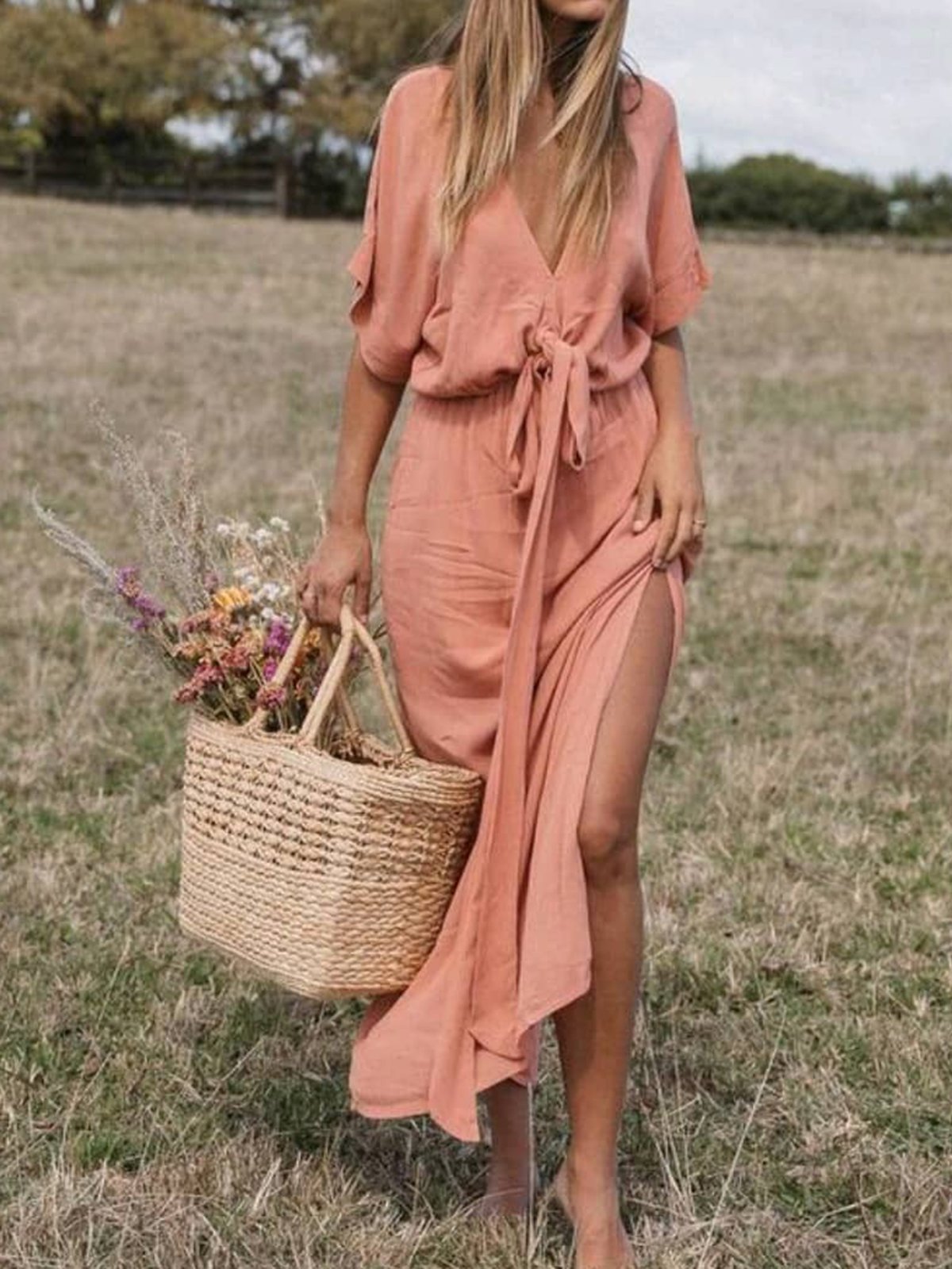 Summer Solid Maxi Dress Plus Size Boho V Neck Dresses