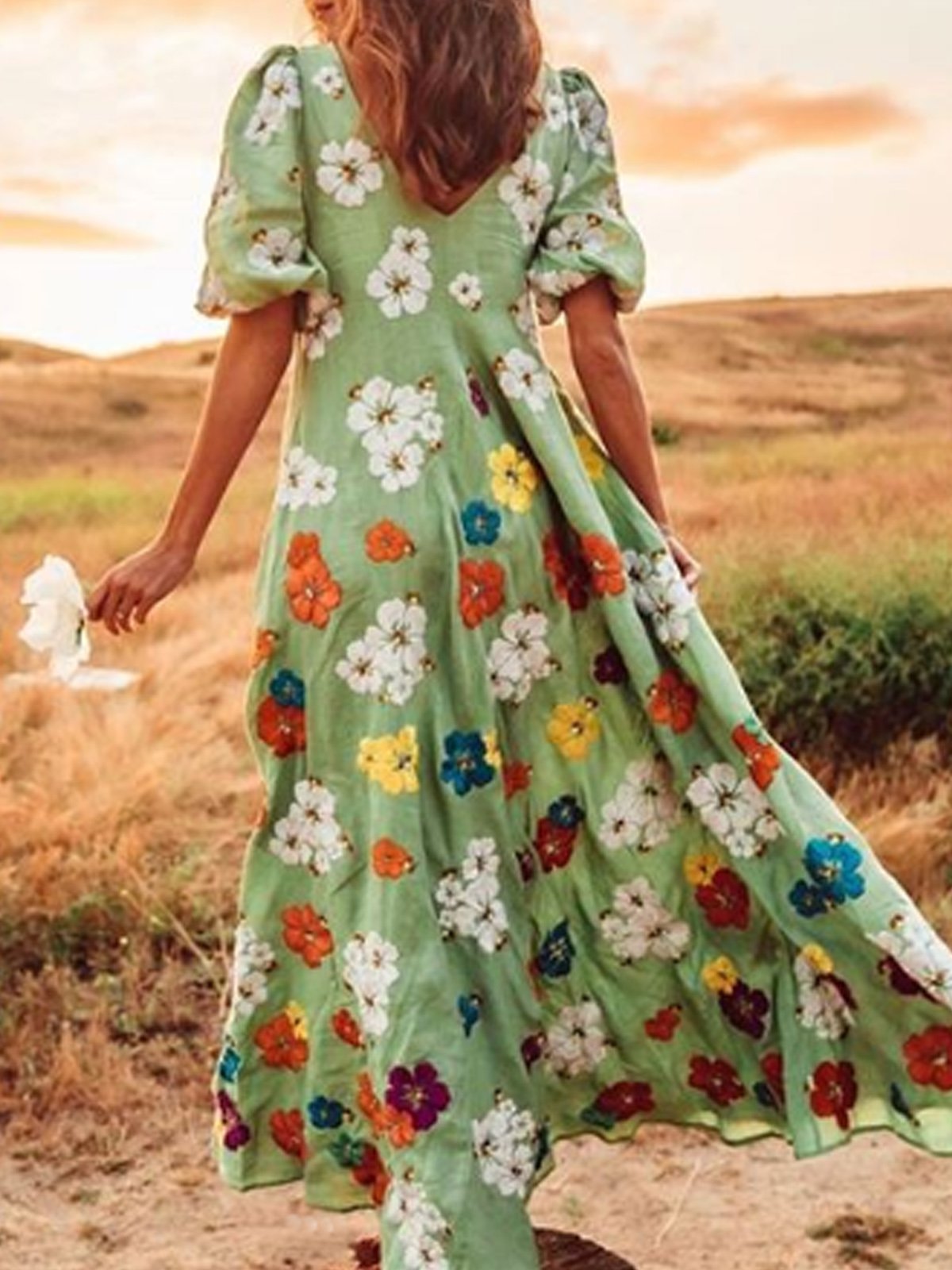 Lightgreen V Neck Printed Boho Patchwork Dresses