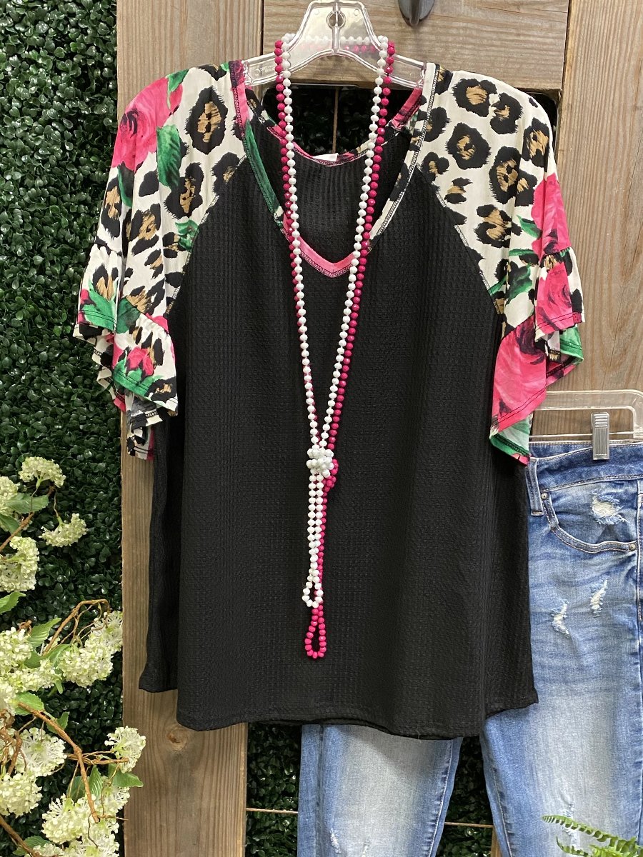 Black Cotton-Blend Casual Crew Neck Shirt & Top