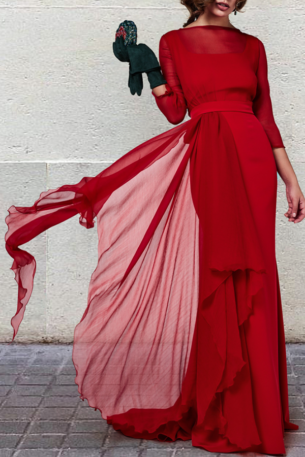 Elegant Chic Noble Slim Plain Ruffled Hem Long Sleeve Evening Dress
